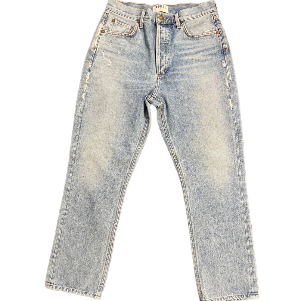 Women AGOLDE jeans button fly high rise medium wash cropped ankle US made cotton
